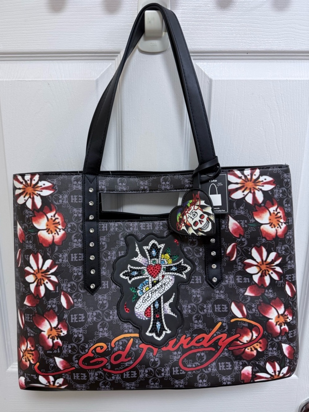NWT Ed Hardy Rhinestone Cross Shoulder Tote Bag Skull Floral Y2K